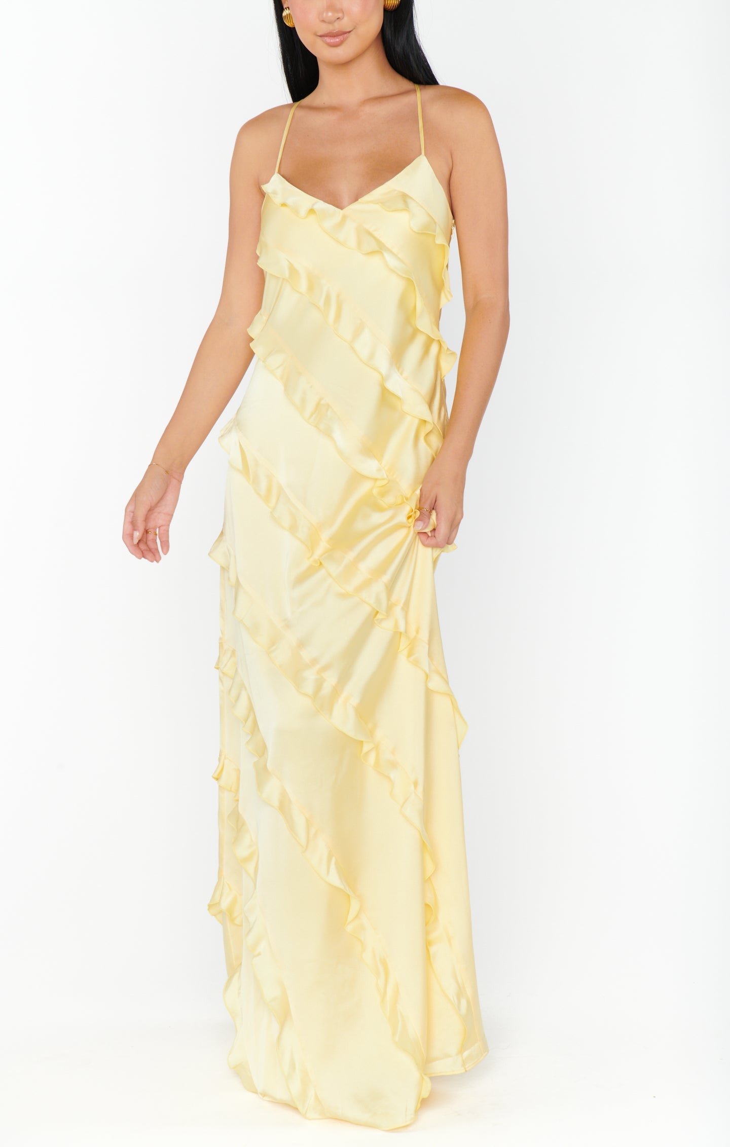 Romance Ruffle Dress ~ Pale Yellow Luxe Satin