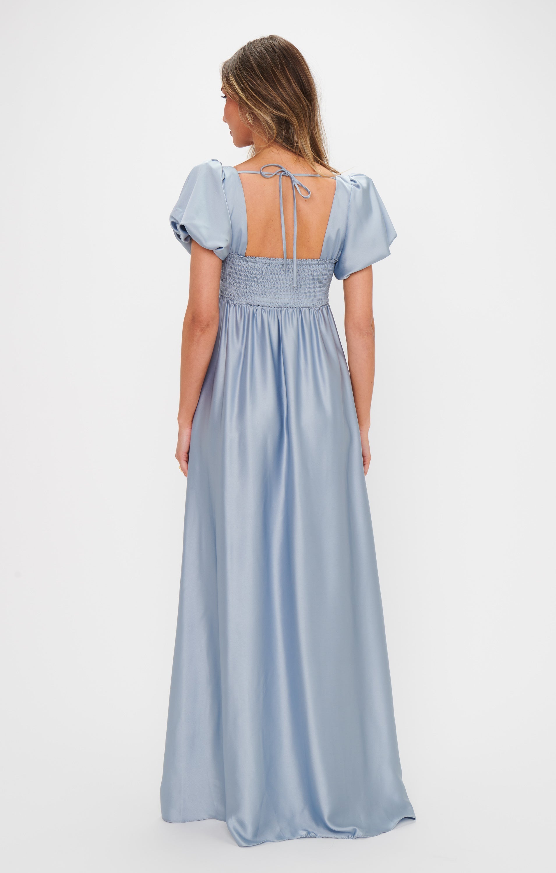 Nora Maxi Dress ~ Steel Blue Luxe Satin