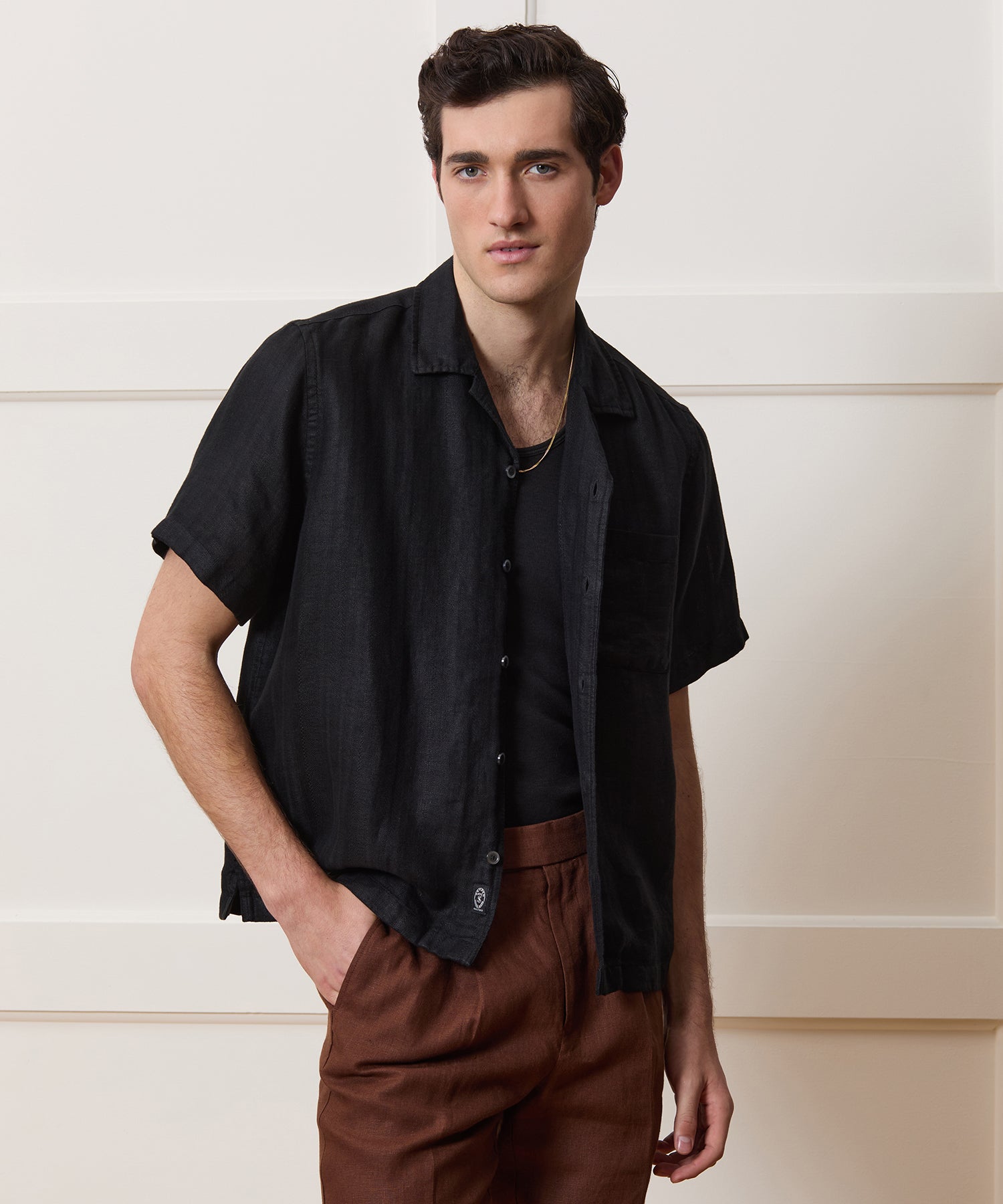 Textured Cropped Sea Soft Irish Linen Camp Collar Shirt