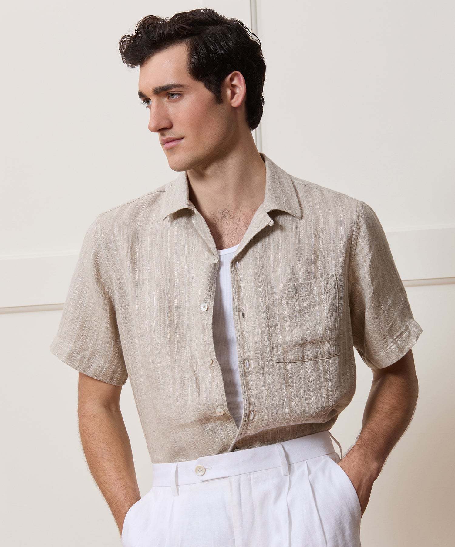 Textured Cropped Sea Soft Irish Linen Camp Collar Shirt